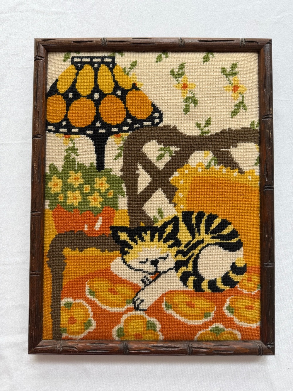 Vintage Framed Needlepoint Wall Hanging Sleeping Striped Cat Boho 1970s Kitschy